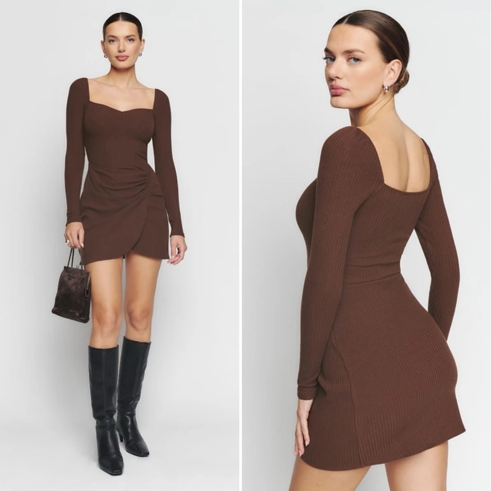 Reformation Cleona Knit Brown Ribbed Mini Wrap Dress Size Large